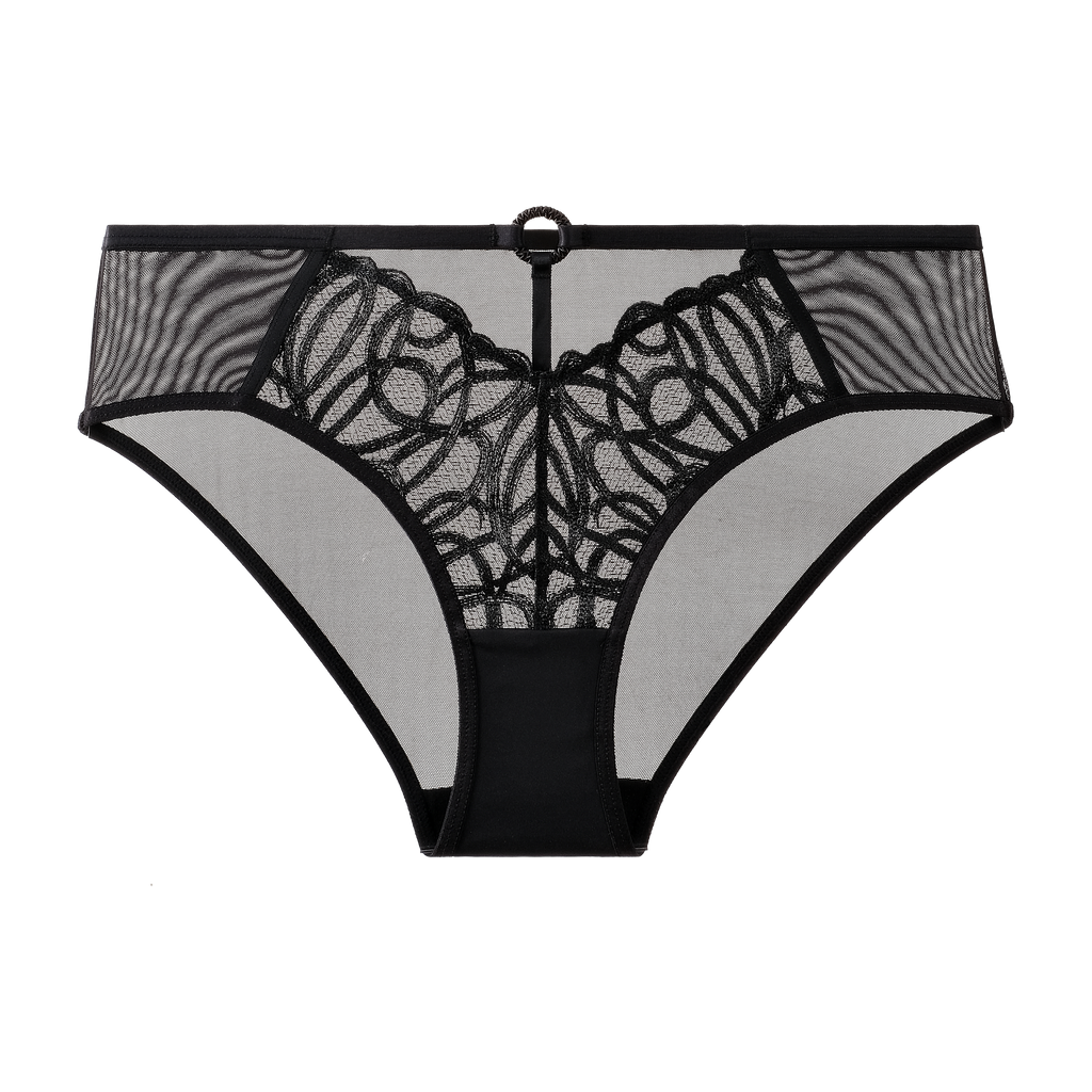RORA Black Lace Brief Panties with Geometric Embroidery