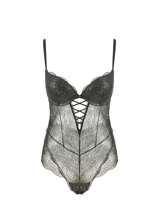 AMBER Plus Sexy Push-up Black Foil Printed Gold Lace Bodysuit
