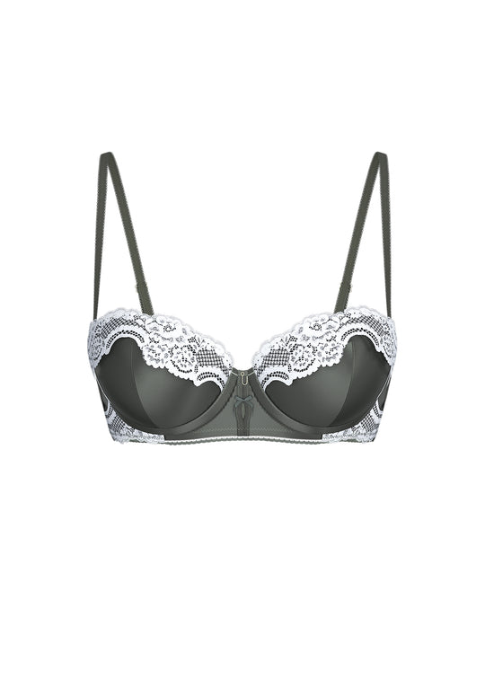 AURORA Plus Sage Green Balconette Bra With White Floral Lace