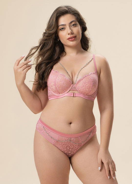 BECKY Plus Sexy Pink Floral Lace Brief Panties with Detachable Diamond Chains