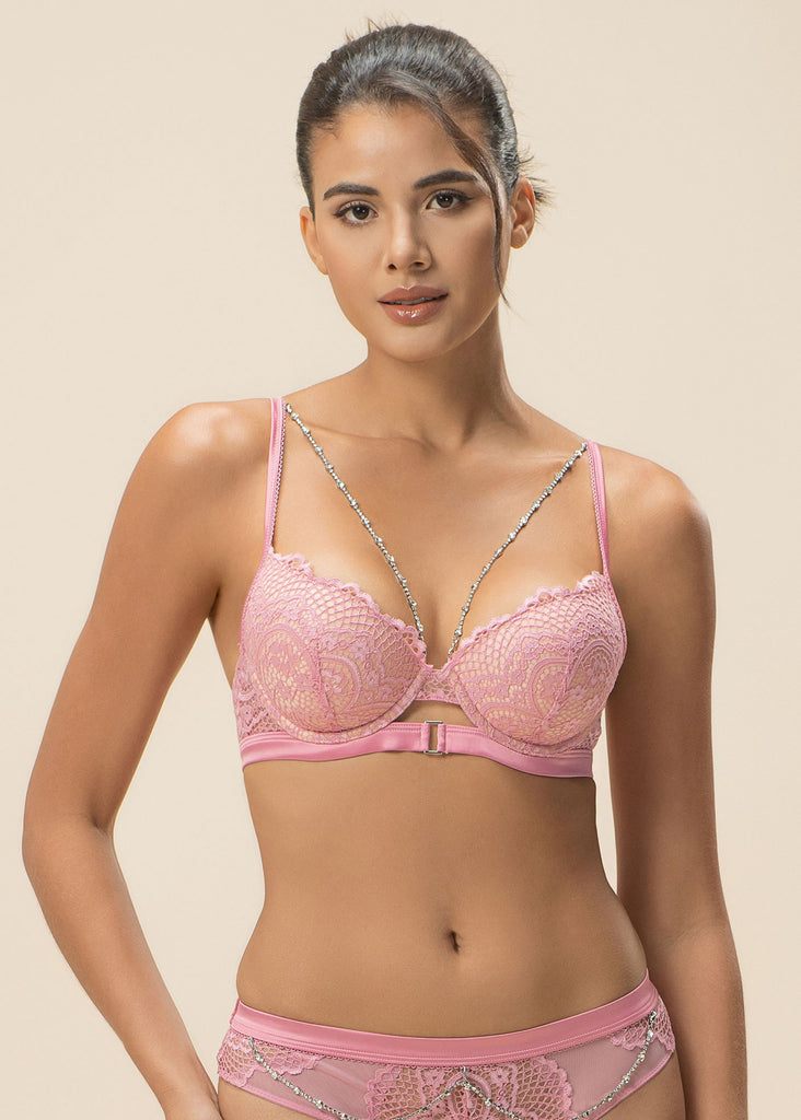 BECKY Pink Floral Lace Underwire Molded Cup Bra