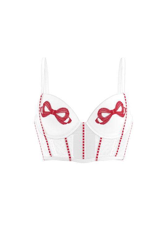 BRIELLE White Wired Demi Corset Bra With Red Embroidery