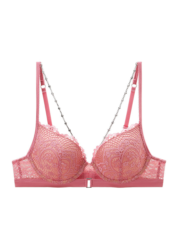 BECKY Pink Floral Lace Underwire Molded Cup Bra with Detachable Diamond Chains