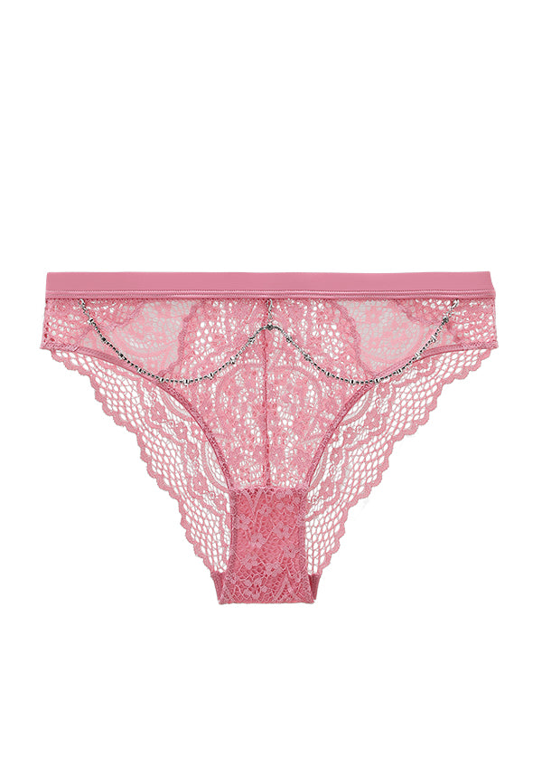 BECKY Sexy Pink Floral Lace Brief Panties with Detachable Diamond Chains