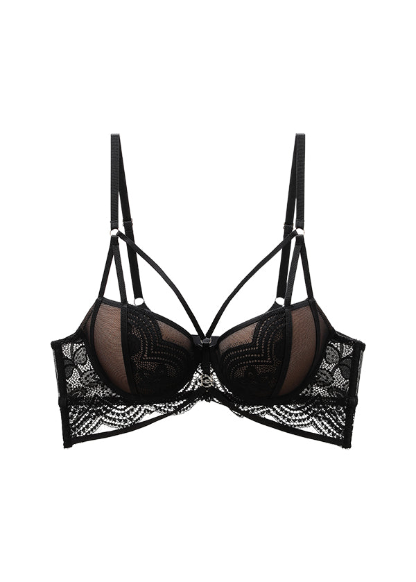 BELLA Black Lace Push-Up Plunge Molded Cup Demi Bra with Removable Padding