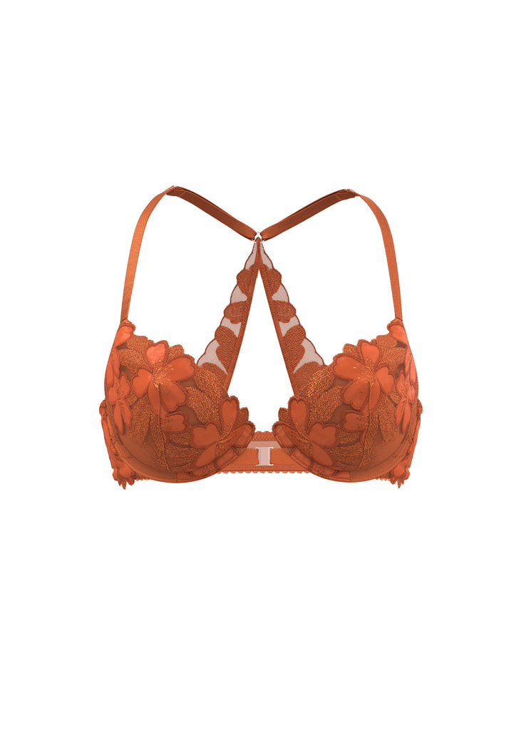 CECILY Orange Floral Lace Push-Up Racerback Demi Bra