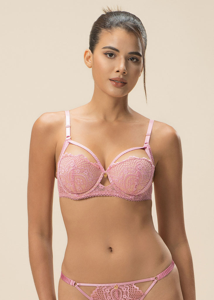 CELINE Pink Floral Lace Push-Up Molded Cup Balconette Demi Bra