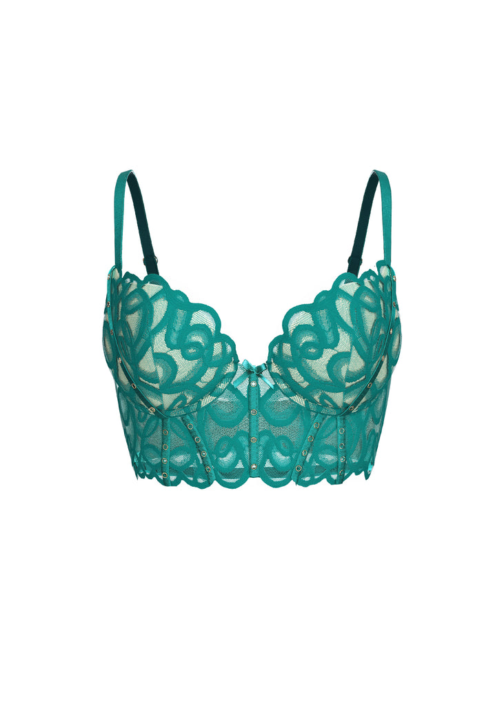 CINDY Green Lace Push-Up Underwired Molded Cup Demi Long Bra