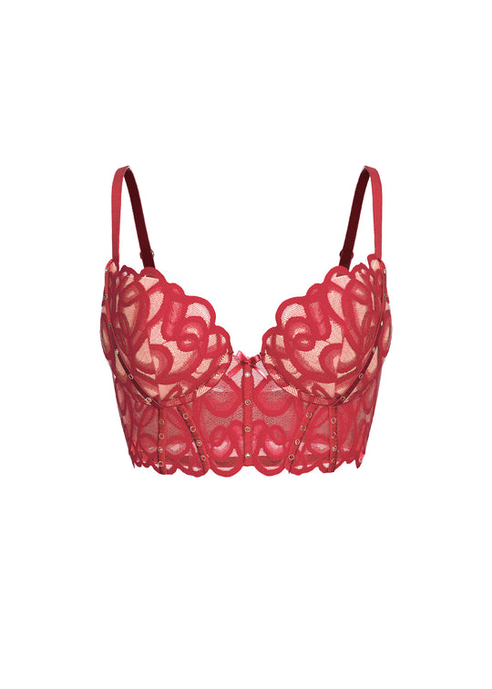 CINDY Plus Red Lace Push-Up Underwired Molded Cup Demi Long Bra