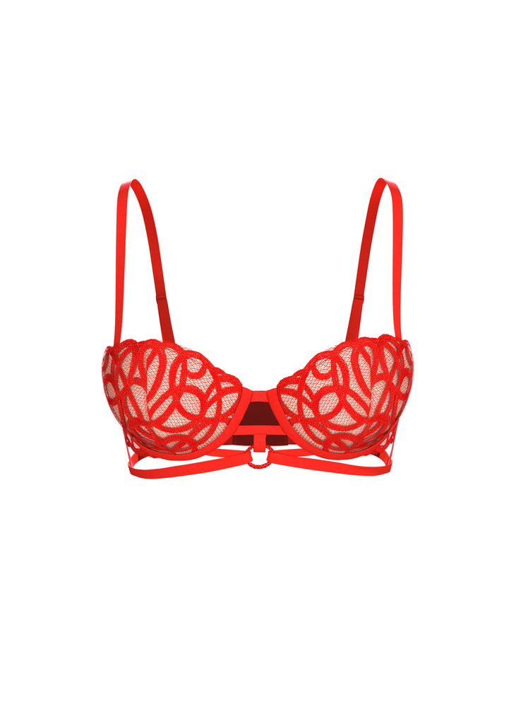 CLAIR Plus Red Lace Underwired Molded Cup Balconette Demi Long Bra