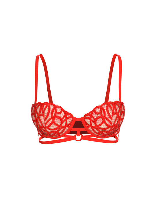 CLAIR Red Lace Underwired Molded Cup Balconette Demi Long Bra