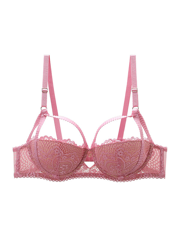 CELINE Pink Floral Lace Push-Up Molded Cup Balconette Demi Bra