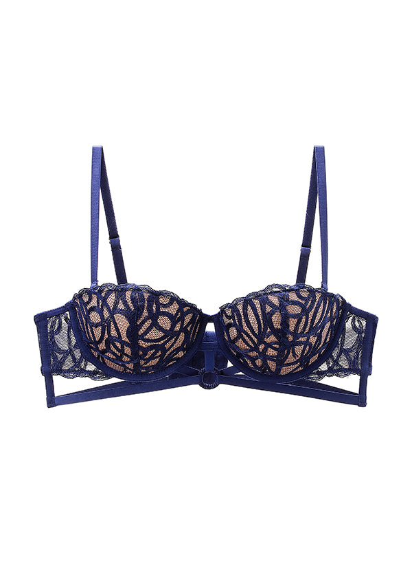 CLAIR Navy Blue Lace Underwired Molded cup Balconette Demi Long Bra