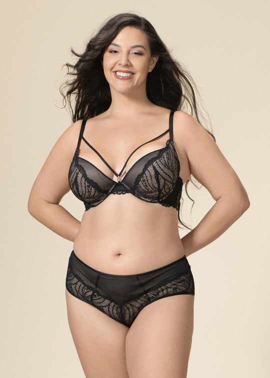 DAHLIA Plus Seductive Black Underwired Plunge Lace Demi Bra