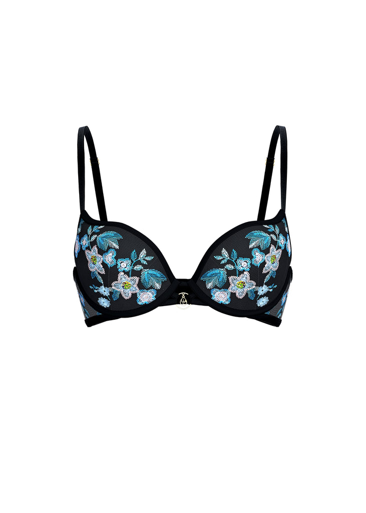 ELARA Plus Black Blue Floral Embroidery Lace Push-Up Bra