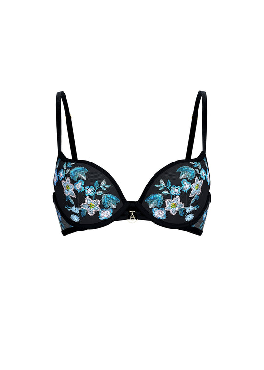 ELARA Black Blue Floral Embroidery Lace Push-Up Bra