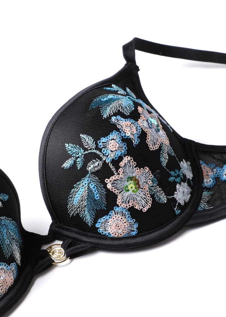 ELARA Black Blue Floral Embroidery Lace Push-Up Bra