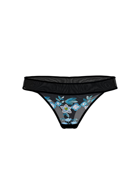 ELARA Plus Black Blue Floral Embroidery Lace Tanga Panties