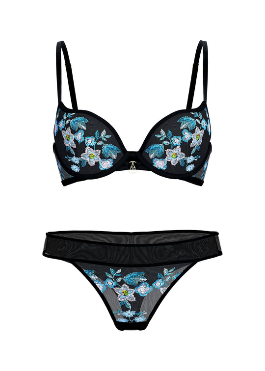 ELARA Black Blue Floral Embroidery Lace Lingerie Set
