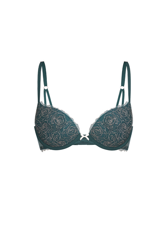 ELODIE Green Lace Push-Up Demi Bra In Sparkling Embroidery