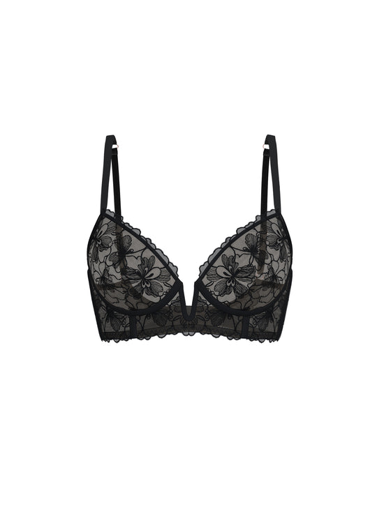 FREDERICA Plus Black Floral Lace Underwired Unlined Plunge Long Bra