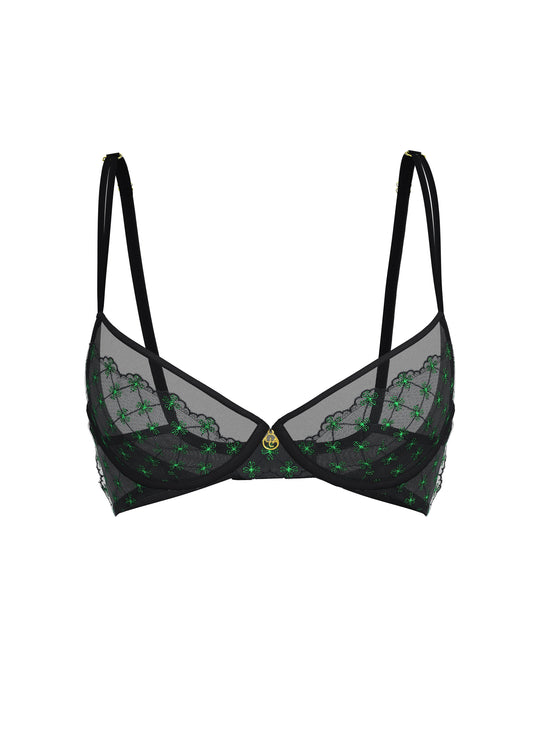 JOCELYN Sexy Black Lace Underwired Demi Bra With Green Floral Embroidery