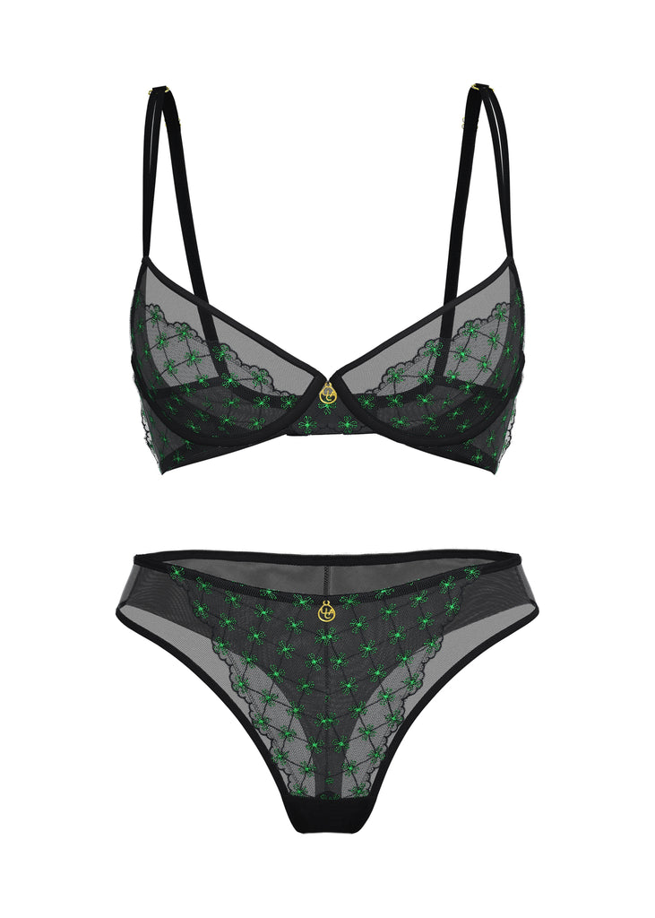 JOCELYN Black Lace Green Embroidery Lingerie Set