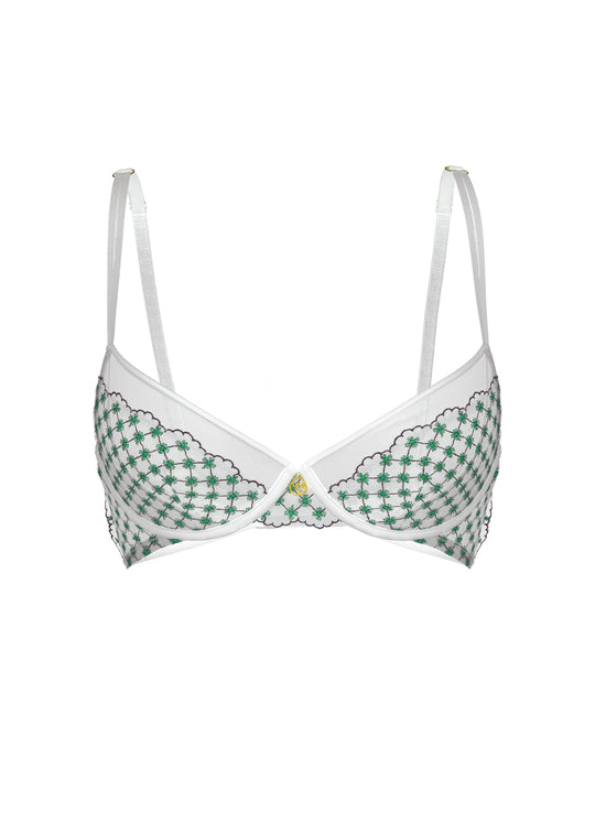 JOCELYN Delicate White Lace Underwired Demi Bra With Green Floral Embroidery