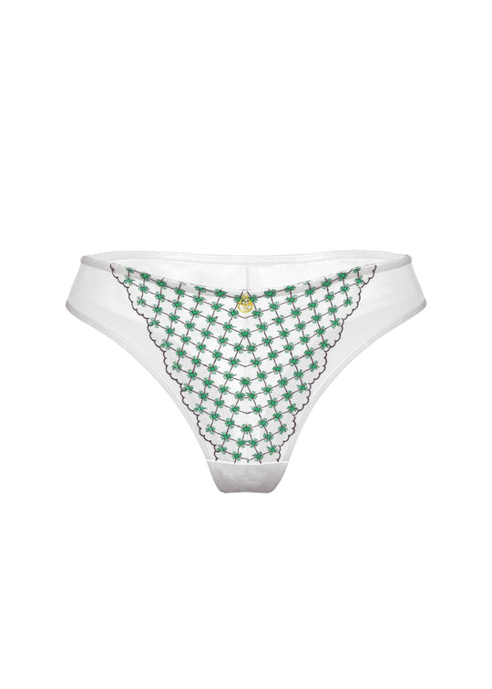 JOCELYN Delicate White Lace Tanga Panties With Green Floral Embroidery