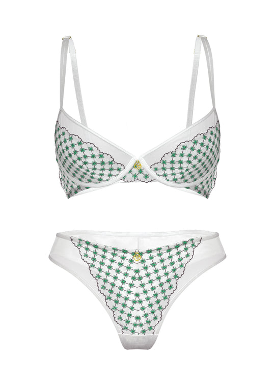 JOCELYN White Lace Green Embroidery Lingerie Set