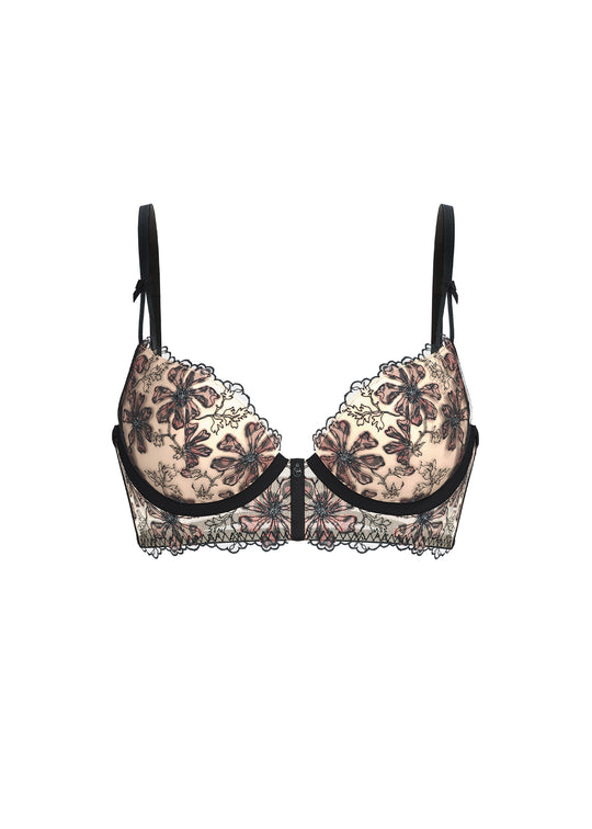 JORA Beige Lace Leopard Print & Embroidery Push-Up Demi Long Bra