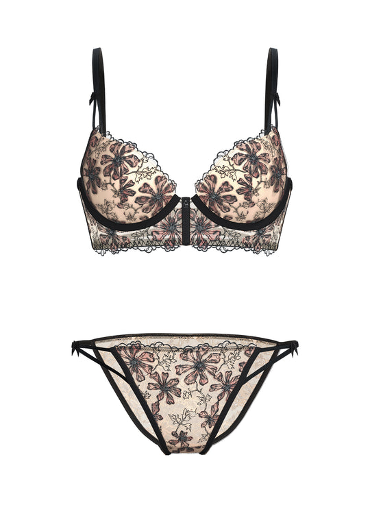 JORA Beige Lace Leopard Print & Embroidery Lingerie Set