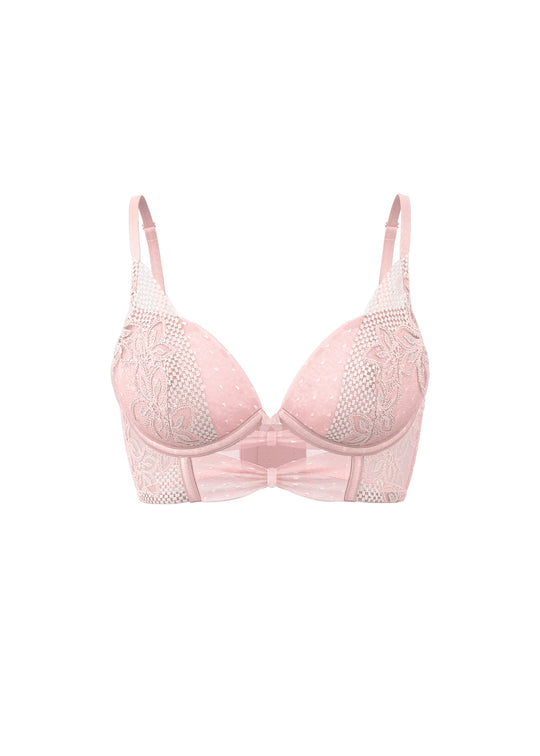 LINA Plus Pink Floral Lace Underwired Plunge Long Bra