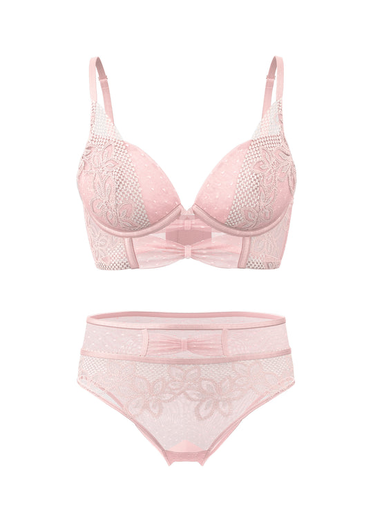 LINA Pink Floral Embroidery Lace Bra & Plus Panty Set