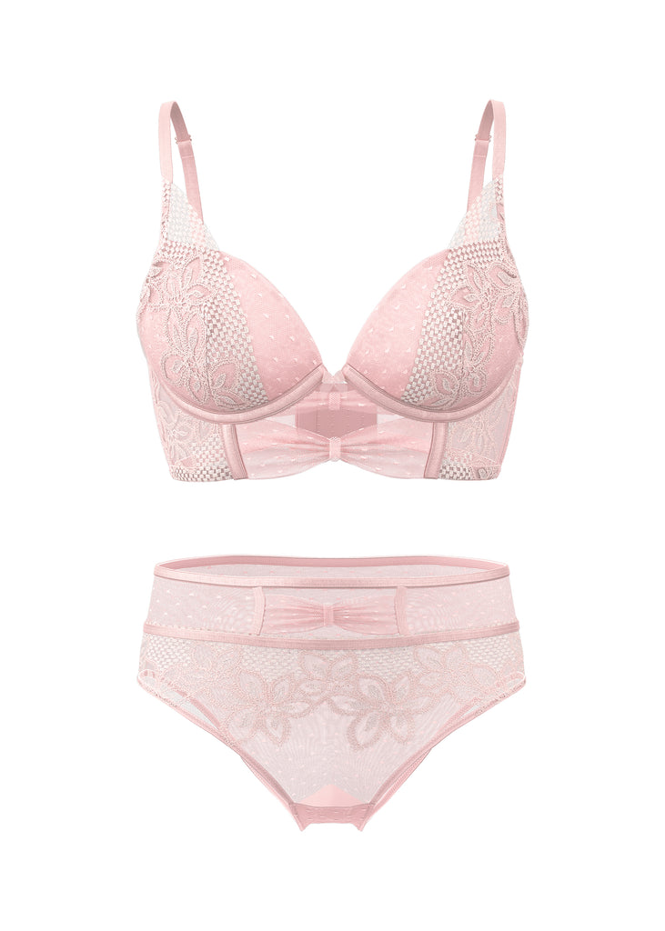 LINA Pink Floral Embroidery Lace Lingerie Set