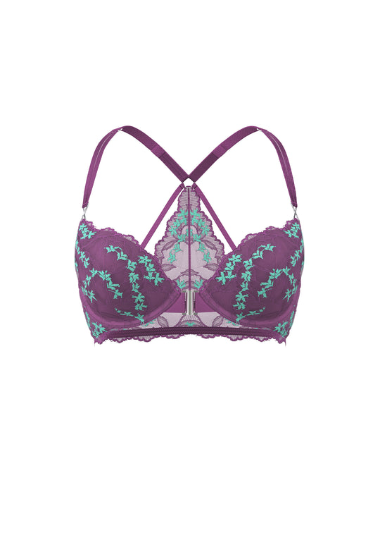 LIORA Purple Lace Push-Up Racerback Bra With Floral Pattern