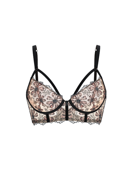 LOTTIE Beige Embroidery Lace Leopard Print Unlined Plunge Long Bra