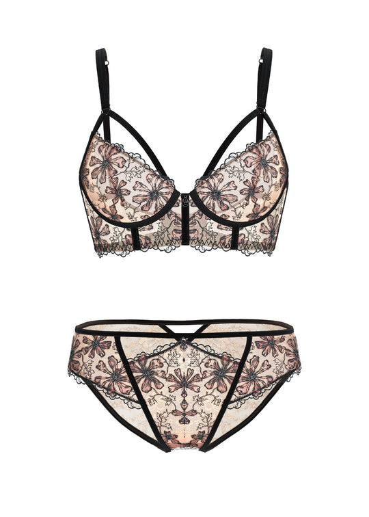 LOTTIE Beige Embroidery Lace Leopard Print Lingerie Set