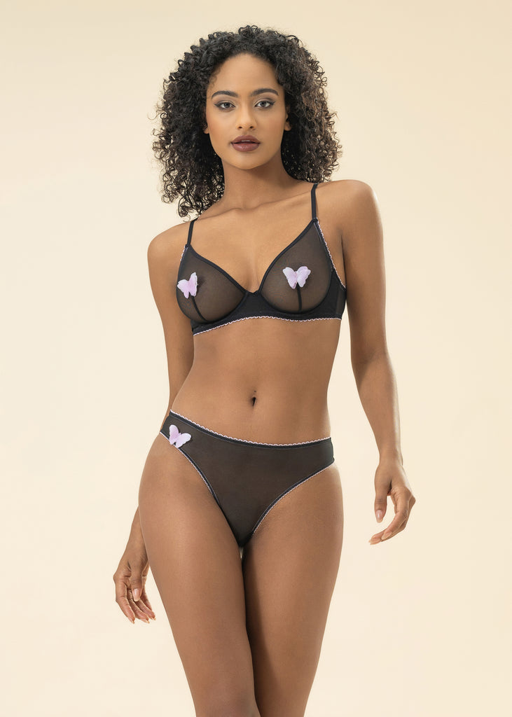 MAGNOLIA Black Mesh Unlined Underwired Demi Bra