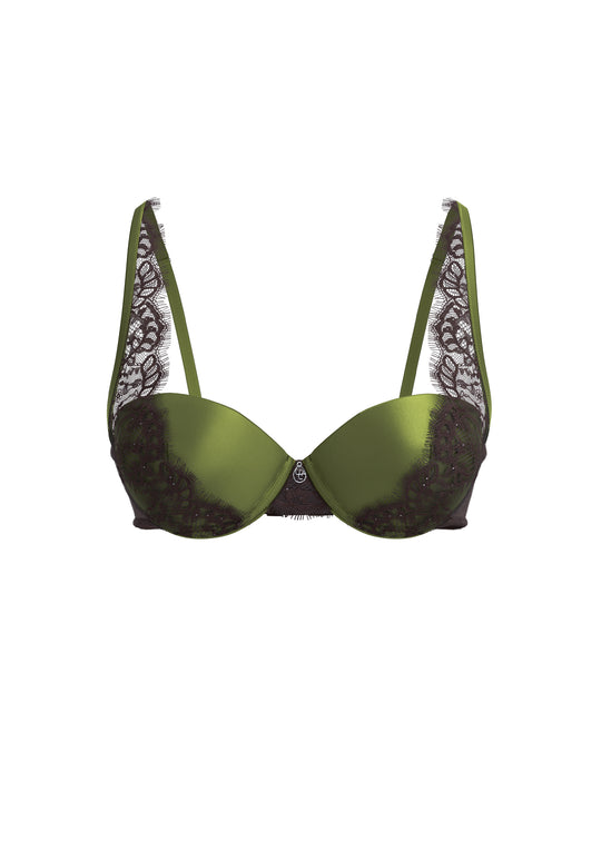 MAREN Vintage Green Balconette Plunge Bra With Brown Eyelash Lace