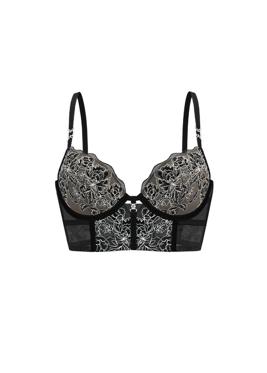 MARNIE Black Embroidery Lace Push-Up Demi Long Bra