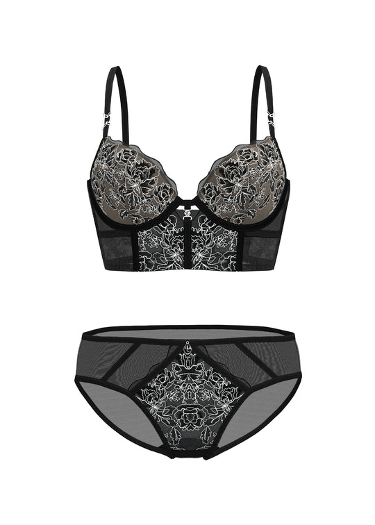 MARNIE Black Embroidery Lace Lingerie Set