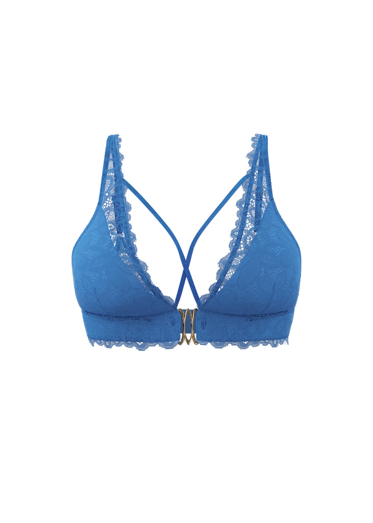 MIRA Back-Closure Blue Lace Wireless Bralette Triangle Plunge Bra