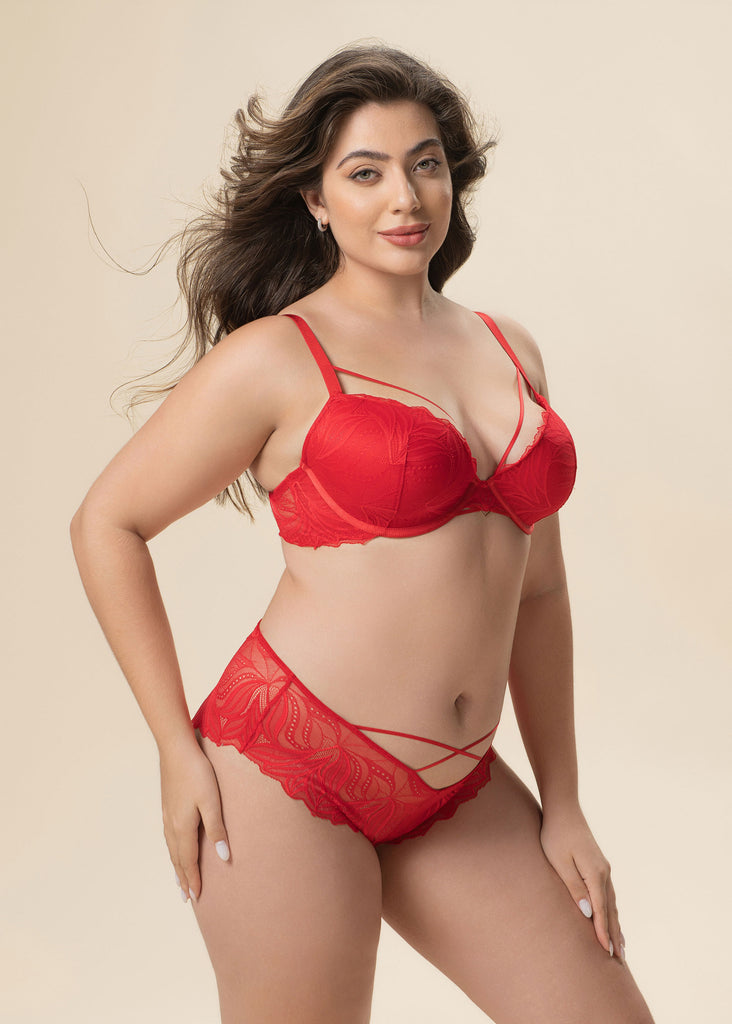 NATASHA Plus Red Lace Underwired Plunge Molded Padded Cup Bra