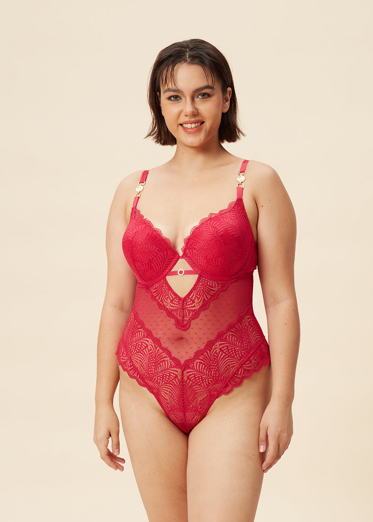 OLIVIA Sexy Push-Up Mesh Berry Red Lace Bodysuits