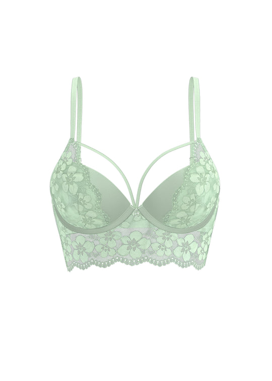 OTTILIE Plus Soft Green Floral Lace Plunge Long Bra