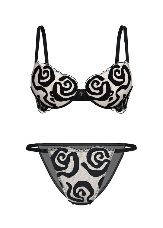 QUINN Black Spiral Embroidery Lace Lingerie Set