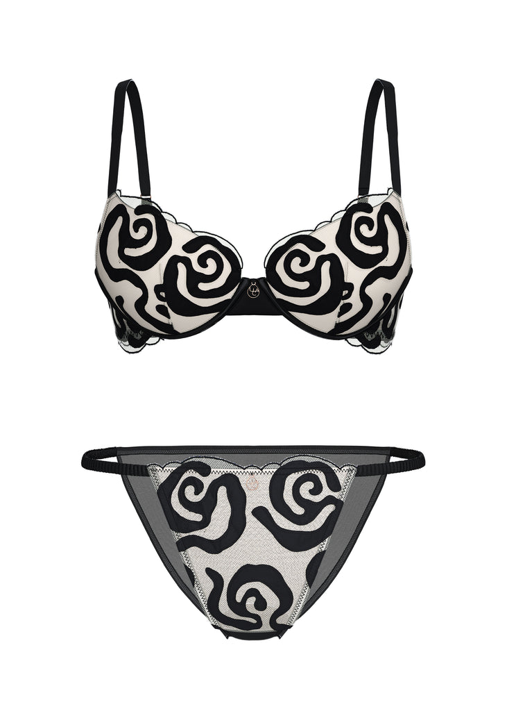 QUINN Black Spiral Embroidery Lace Lingerie Set