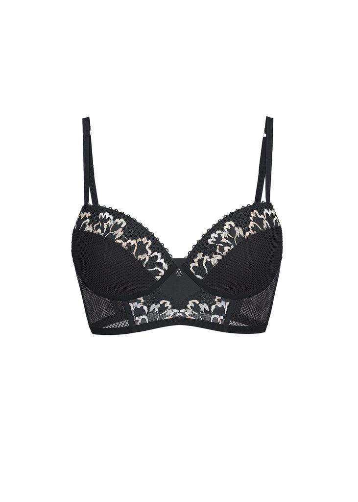 REMY Black Metallic Lace Underwired Demi Long Bra