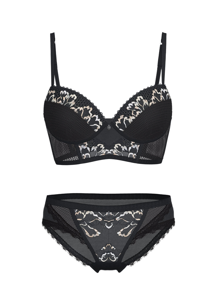 REMY Black Metallic Lace Lingerie Set